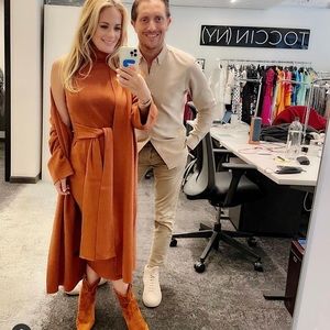 TOCCIN SET knit tie turtleneck dress with coordinating sweater coat NWT